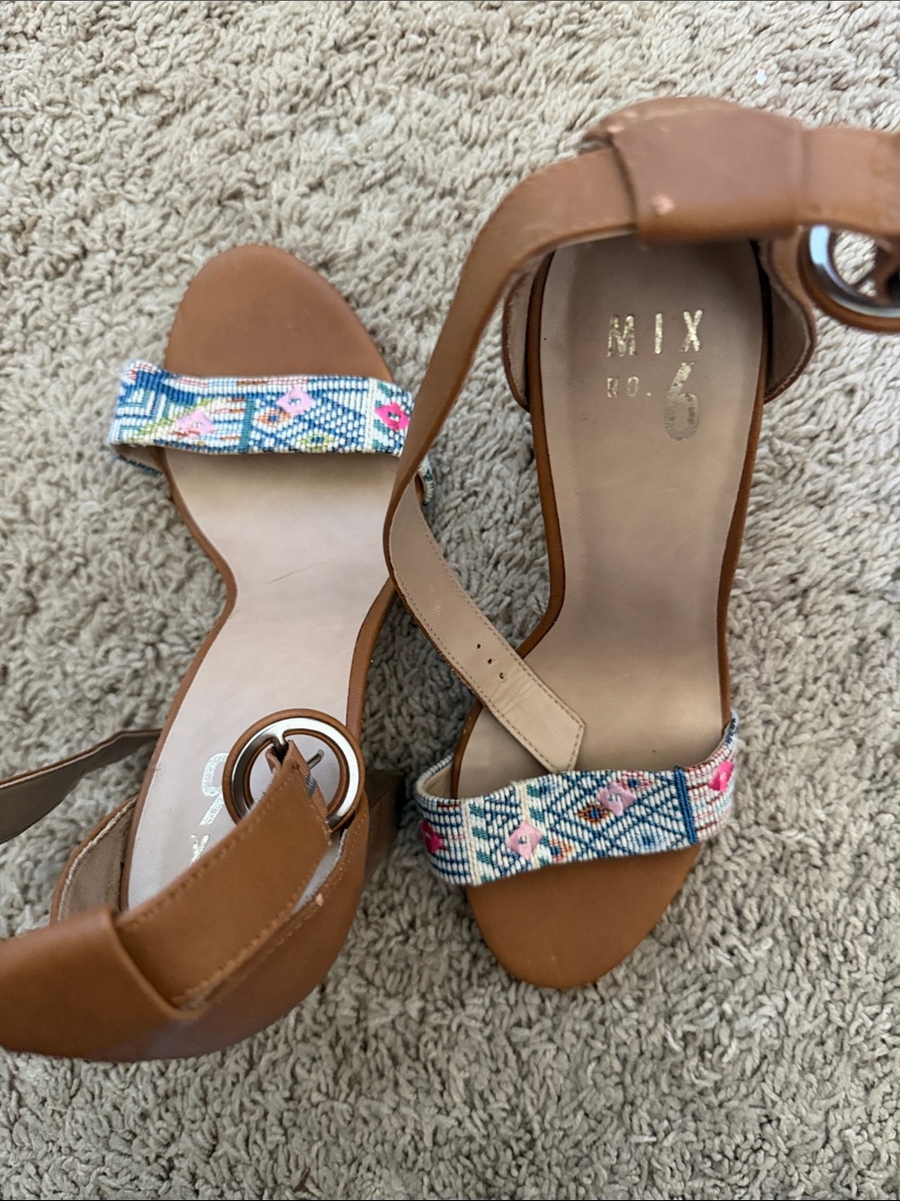 Mix No. 6 Tan Heeled Sandals with Multicolor Beaded Floral Strap- 4 inch heel